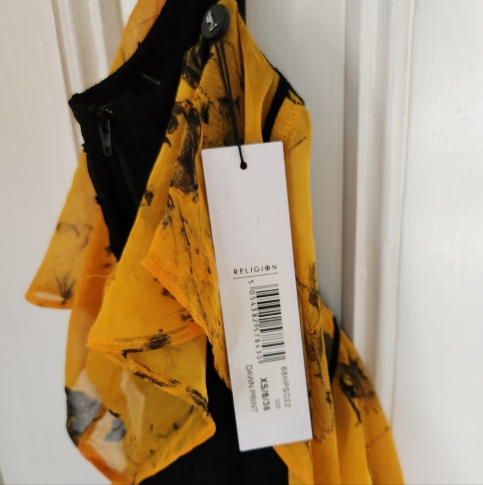 Religion Off Shoulder Yellow Floral Ruffle And Black Swiss Dot Maxi Dress - Picture 9 of 11